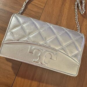 Tory Burch Silver Quilted Clutch with Chain
